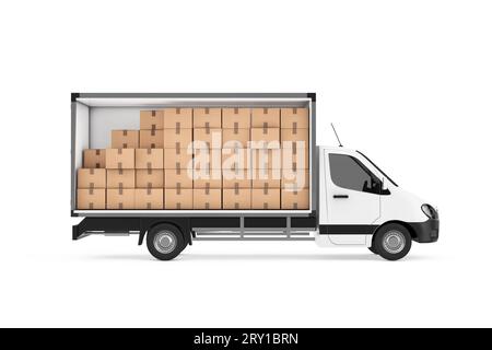 Impilamento di molti pacchi di scatole di cartone nello scomparto merci del Cargo Van Minibus su sfondo bianco. Rendering 3D. Foto Stock
