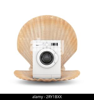 Lavatrice elegante e moderna in Beauty Scallop Sea o Ocean Shell Seashell su sfondo bianco. Rendering 3D. Foto Stock