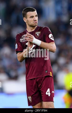 Alessandro Buongiorno del Torino FC gesti durante la partita di serie A Tim tra la SS Lazio e il Torino FC allo Stadio Olimpico il 27 settembre 2023 a Roma. Foto Stock