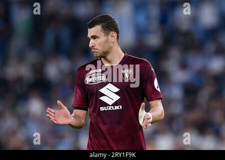 Alessandro Buongiorno del Torino FC gesti durante la partita di serie A Tim tra la SS Lazio e il Torino FC allo Stadio Olimpico il 27 settembre 2023 a Roma. Foto Stock