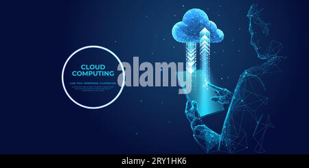 Un uomo d'affari astratto possiede un tablet con una rete di icone del cloud computing Illustrazione Vettoriale