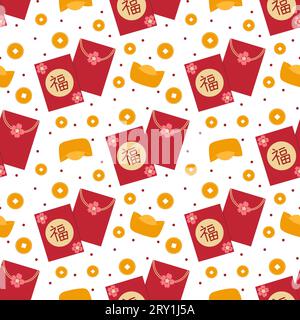 Buste rosse per Capodanno cinese Design senza cuciture con carattere cinese "fu" che significa "buona fortuna" o "fortuna" Foto Stock
