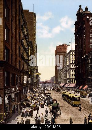 State Street a nord di Madison Street, Chicago, Illinois, 1900 Stampa Photochrom della Detroit Photographic Co., copyright 1900. Foto Stock