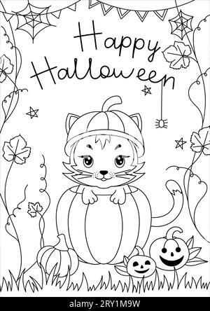 Libro da colorare per bambini di Halloween, simpatico animale in una zucca, illustrazione vettoriale Halloween Illustrazione Vettoriale