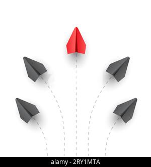 Un'illustrazione vettoriale di un piano di carta rossa che guida un gruppo di piani grigi, che simboleggia l'individualità e la leadership nel lavoro di squadra Illustrazione Vettoriale