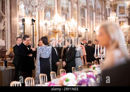 Gerard Larcher e Mick Jagger assistettero a un banchetto di Stato presso la Galerie Des Glaces dello Chateau de Versailles mercoledì 20 settembre 2023, a Versailles, in Francia, durante il primo giorno della visita di Stato della coppia reale britannica nel paese. Foto di Eliot Blondet/ABACAPRESS.COM Foto Stock