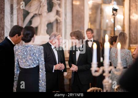 Gerard Larcher e Mick Jagger assistettero a un banchetto di Stato presso la Galerie Des Glaces dello Chateau de Versailles mercoledì 20 settembre 2023, a Versailles, in Francia, durante il primo giorno della visita di Stato della coppia reale britannica nel paese. Foto di Eliot Blondet/ABACAPRESS.COM Foto Stock