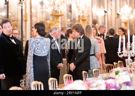 Gerard Larcher e Mick Jagger assistettero a un banchetto di Stato presso la Galerie Des Glaces dello Chateau de Versailles mercoledì 20 settembre 2023, a Versailles, in Francia, durante il primo giorno della visita di Stato della coppia reale britannica nel paese. Foto di Eliot Blondet/ABACAPRESS.COM Foto Stock