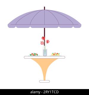 Cena a tavolo da pranzo nel patio con ombrellone servita oggetto da cartoni animati 2D. Illustrazione Vettoriale