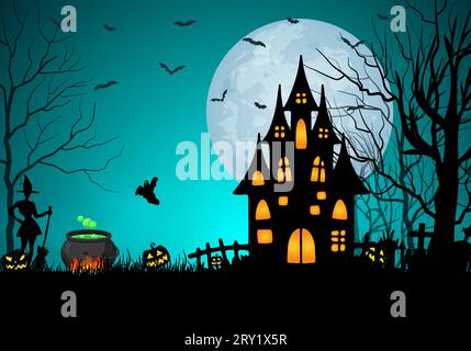 Illustrazione piatta dello sfondo di Halloween con la silhouette del castello sulla luna splendente e gli alberi morti Illustrazione Vettoriale