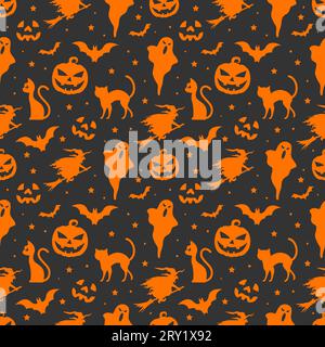 Motivo Halloween senza cuciture con elementi arancioni di halloween su sfondo scuro Illustrazione Vettoriale