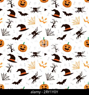 sfondo con motivo senza cuciture per halloween con cappello da strega zucche e albero di halloween Illustrazione Vettoriale