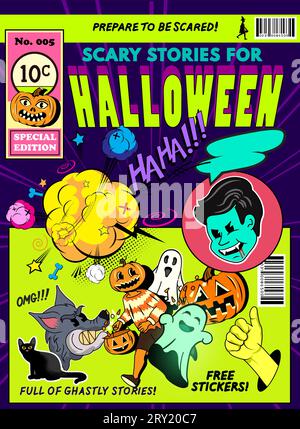 Uno spaventoso design retrò della copertina di halloween per riviste a fumetti. Illustrazione vettoriale Illustrazione Vettoriale