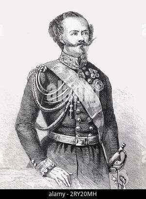 Ritratto di Vittorio Emanuele II (1820 - 1878); re di Sardegna e poi re d'Italia. Illustrazione in bianco e nero Foto Stock