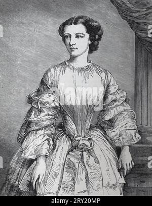 Ritratto di Maria Sofia Amalia, duchessa in Baviera (1841 – 1925) fu l'ultima regina consorte del Regno delle due Sicilie. Illustrazione in bianco e nero Foto Stock