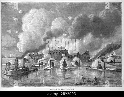 Attacco a Fort Sumter da parte della milizia della Carolina del Sud, dando inizio alla guerra di secessione americana del 1860. Illustrazione in bianco e nero Foto Stock