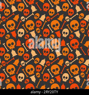 Motivo Halloween con lapide cranio halloween e ossa in diversi colori su sfondo scuro Illustrazione Vettoriale