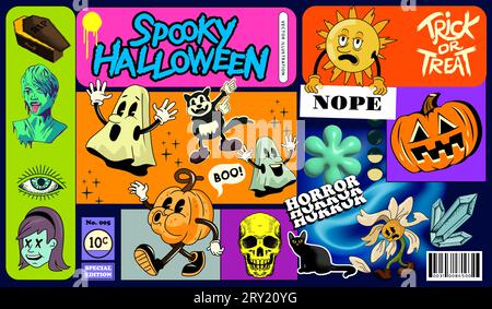 Surreali decorazioni per set di personaggi e adesivi di Halloween! Illustrazione vettoriale Illustrazione Vettoriale