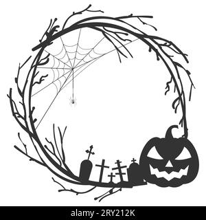 cornice circolare in bianco e nero halloween con rami d'albero e cappello da strega Illustrazione Vettoriale