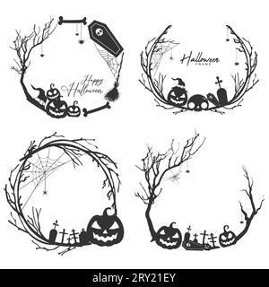 cornice circolare in bianco e nero halloween con rami d'albero e cappello da strega Illustrazione Vettoriale