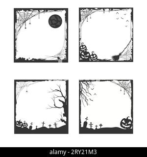 Illustrazione della cornice nera di Halloween con rete di ragno e sagome ad albero Illustrazione Vettoriale