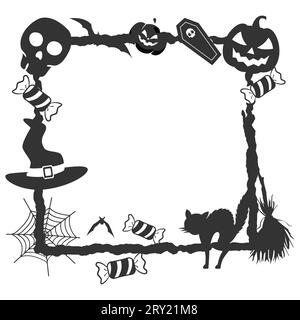 Cornice di Halloween con elementi di halloween come il cappello da strega teschio e la rete a ragno Illustrazione Vettoriale
