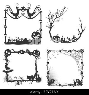 Cornice di Halloween con elementi di halloween come il cappello da strega teschio e la rete a ragno Illustrazione Vettoriale