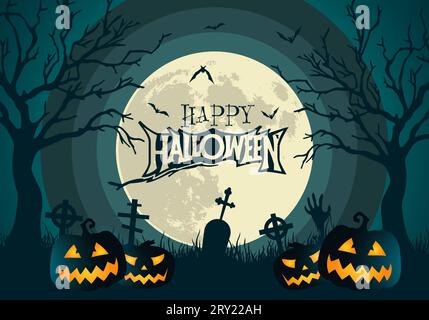 Sfondo di invito o banner di buon halloween con zucche luminose, luna piena e testo di halloween Illustrazione Vettoriale