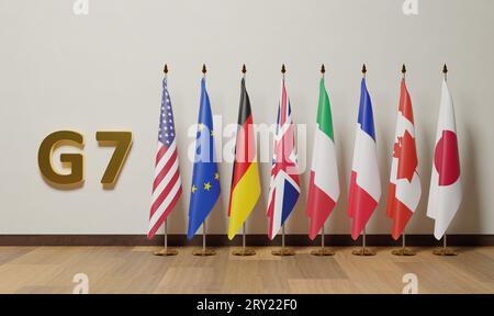 Flags of the Group of Seven (G7) è un forum politico intergovernativo composto da Canada, Francia, Germania, Italia, Giappone, Regno Unito e t Foto Stock