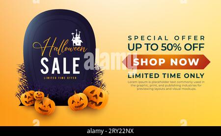 Buona offerta di halloween con sfondo banner con grande lapide e zucche su sfondo giallo Illustrazione Vettoriale