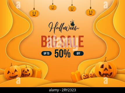 Sfondo con effetto tagliato di carta per la felice offerta di halloween con zucche realistiche e confezione regalo Illustrazione Vettoriale