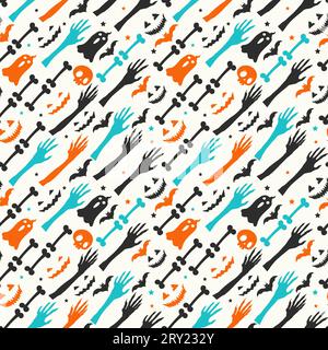Halloween colorato motivo piatto senza cuciture con zucche pipistrelli volanti, fantasma e teschi spaventosi Illustrazione Vettoriale