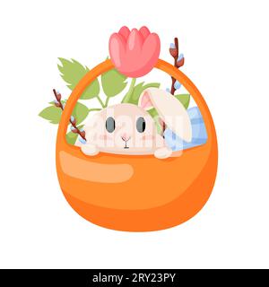 Coniglietto pasquale di primavera in un cestino. Buon coniglietto pasquale con fiori e uova. Coniglietto pasquale in stile cartoni animati. Illustrazione Vettoriale
