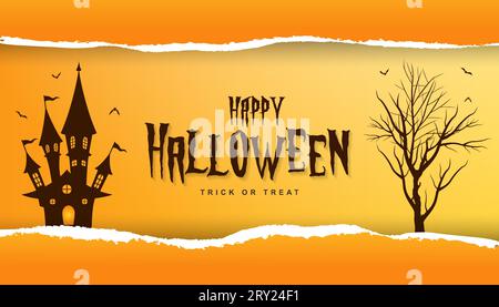 Illustrazione di sfondo con effetto carta strappato con testo di halloween e casa infestata per festeggiare halloween Illustrazione Vettoriale