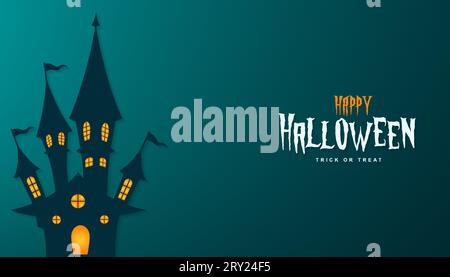 Illustrazione del banner di halloween felice con la casa infestata di halloween e il testo di halloween Illustrazione Vettoriale