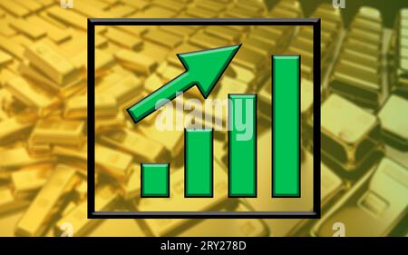 sfondo sfocato di lingotti d'oro con grafico economico finanziario in aumento Foto Stock