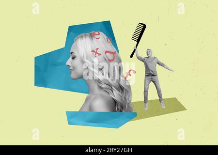 Disegno creativo immagine di collage di una giovane bella femmina di capelli biondi ricci pettini lettere vecchio parrucchiere onde shampoo lozione Foto Stock