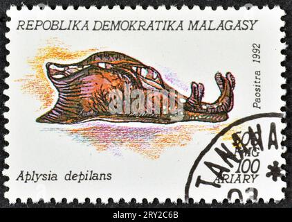 Francobollo cancellato stampato dal Madagascar, che mostra la lepre depilatoria del mare (Aplysia depilans), intorno al 1992. Foto Stock