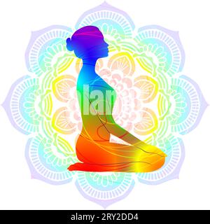 Postura yoga con silhouette colorata. Poro Thunderbolt o posa Diamond. Posa inginocchiata. Vajrasana. Seduti. Illustrazione vettoriale isolata. Mandala Illustrazione Vettoriale