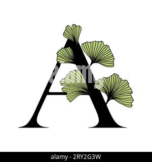 Ginkgo biloba lascia l'alfabeto A . Distintivo e icona in stile elegante e lineare disegnato a mano. Lettera dell'emblema del logo vettoriale e ramo ginkgo. Illustrazione del cosmo Illustrazione Vettoriale