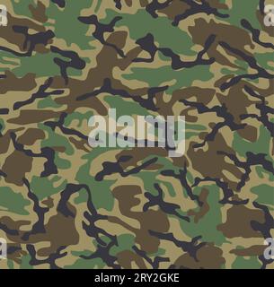 Motivo mimetico Woodland senza cuciture. Quattro colori: Nero, marrone e verde oliva. Illustrazione Vettoriale