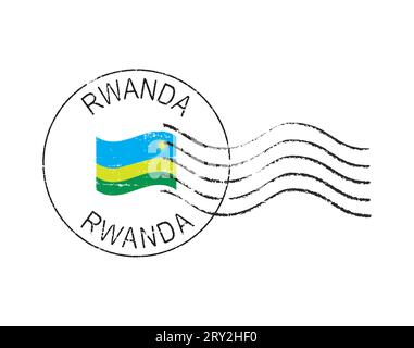 Francobollo grunge postale RWANDA. Sventolando la bandiera al centro. Illustrazione Vettoriale
