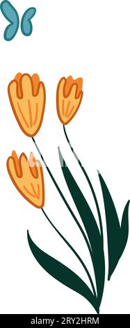 Tulipani con foglie e farfalla volante, natura Illustrazione Vettoriale