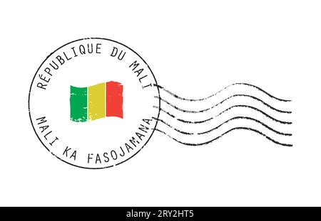 Francobolli grunge postali "Repubblica del Mali". Sventolando la bandiera al centro. Iscrizione francese e bambara. Illustrazione Vettoriale