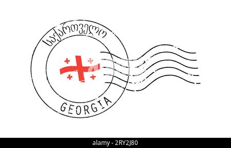 Francobollo grunge postale GEORGIA. Iscrizione georgiana e inglese. Sventolando la bandiera al centro. Illustrazione Vettoriale