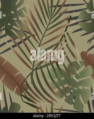 Motivo mimetico senza cuciture. Foglie esotiche tropicali. Combinazione di colori militare e di caccia. Illustrazione Vettoriale