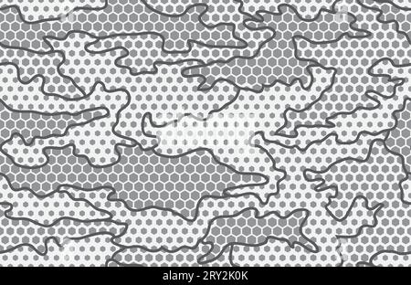 Motivo urban camouflage senza cuciture. Struttura esagonale (a nido d'ape) e contorni. Colore nero, bianco e grigio. Illustrazione Vettoriale
