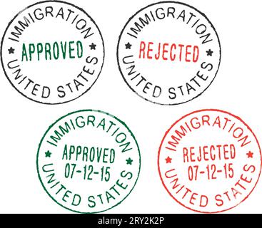 Serie di timbri del passaporto vettoriale ''Immigration United States - Approved/Rejected'''. Illustrazione Vettoriale