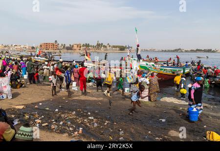 Dakar, Senegal. 18 agosto 2019: Persone che comprano e vendono pesce appena sbarcato sulla spiaggia a Dakar, Senegal, Africa occidentale Foto Stock