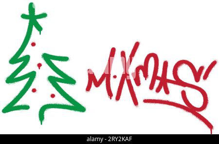 Graffiti spray ''M.Xmas'' (abbreviazione ''buon Natale'') e illustrazione stilizzata dell'albero di Natale. Tipografia a mano. Illustrazione Vettoriale